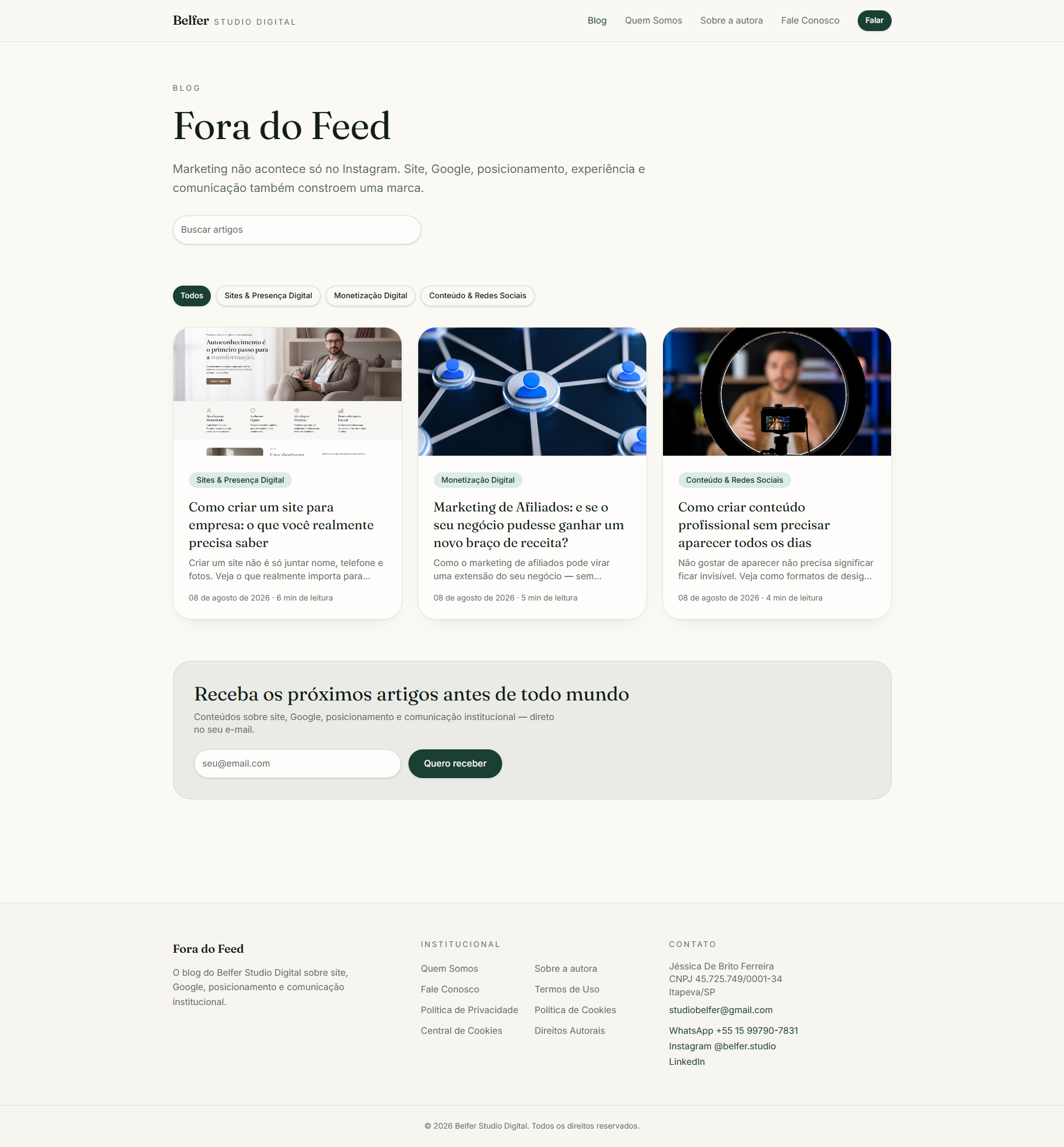 Preview do blog Fora do Feed mostrando artigos sobre site, monetização digital e conteúdo